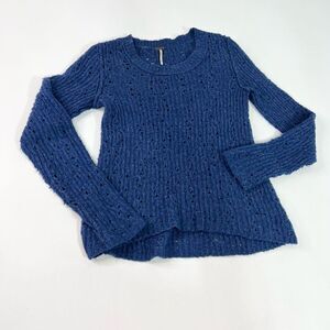 Free People Wool Blend Sweater Womens Medium Blue Crew Neck Pullover Ribbed Knit